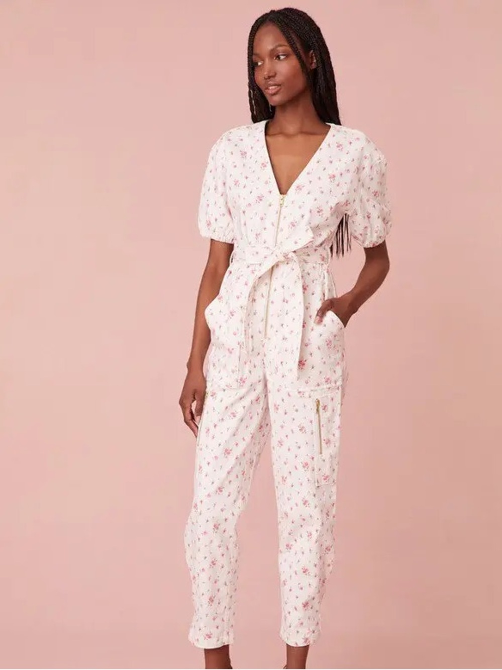 LoveShackFancy Pale Pink Floral Tie-Waist Jumpsuit